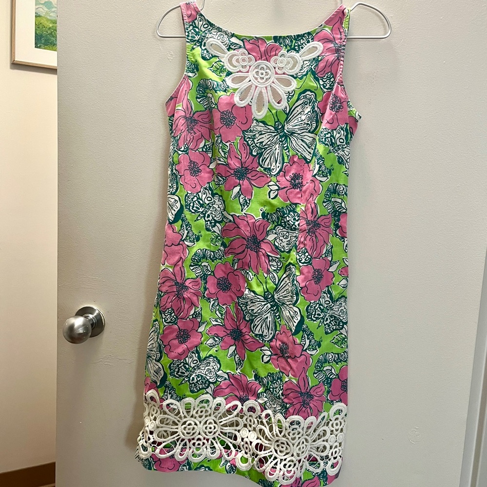 Lilly Pulitzer Retro Butterfly Shift Dress Pink + Green Crochet Trim Sleeveless